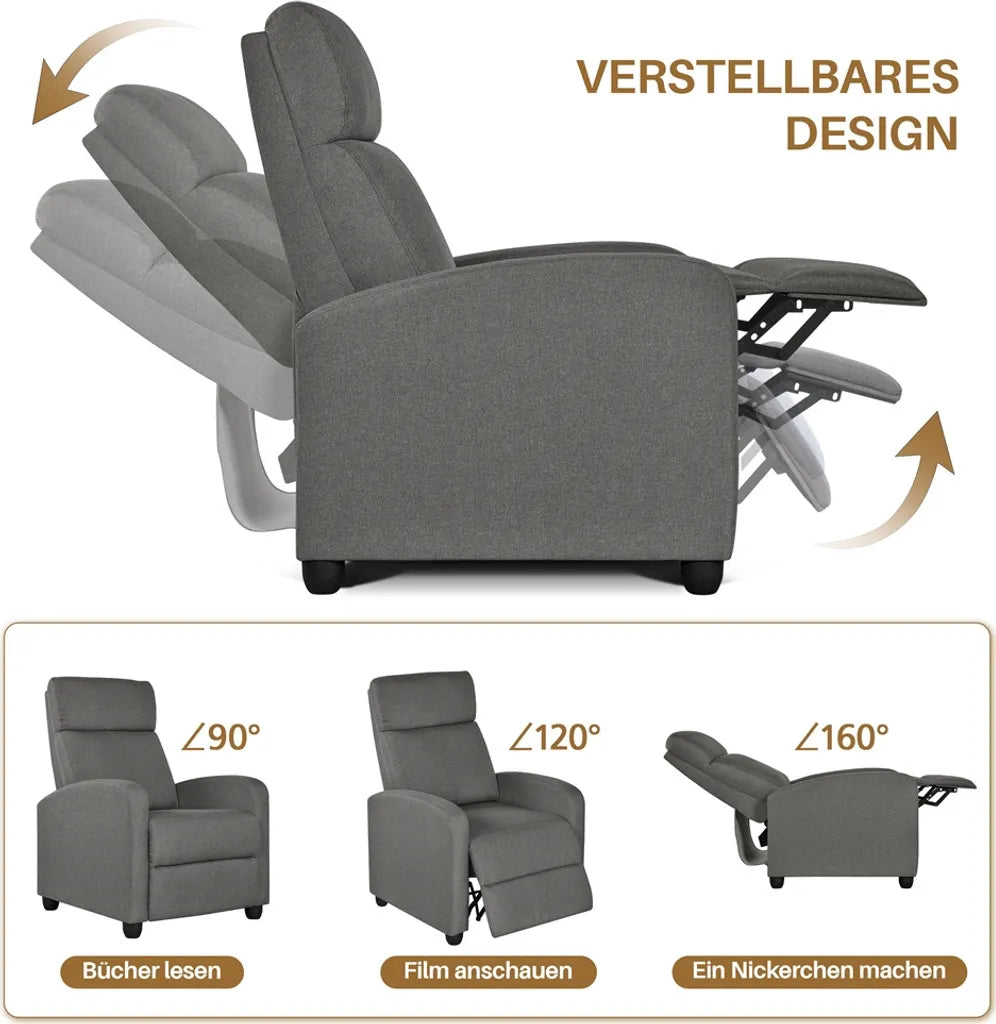 Yaheetech Relaxstoel – Grijs – 87 x 61,5 x 99 cm – Verstelbare Ligstoel met Voetsteun