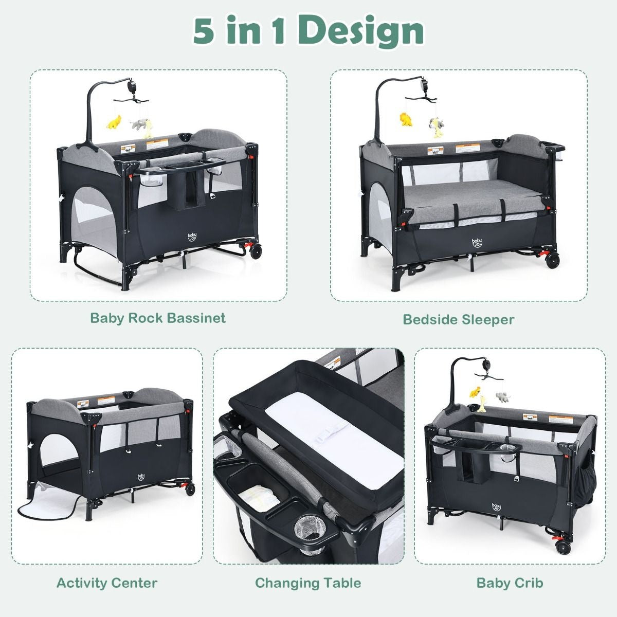 Coast Babybed - 5-in-1 Design - op 4 hoogtes- Verrijdbaar- 76 x 109 x 83 cm - Zwart