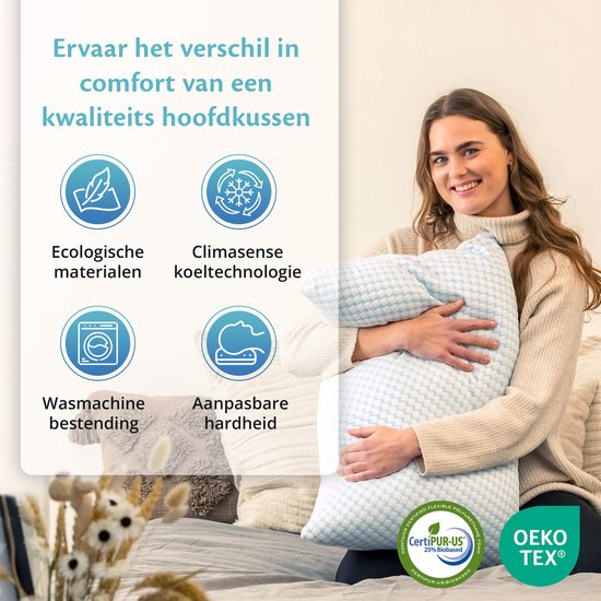 EL-Life Hoofdkussen Nekklachten 40 x 80 cm - Bamboe kussen - Traagschuim / Memory Foam vulling - Ergonomisch en Orthopedisch - Inclusief kussensloop