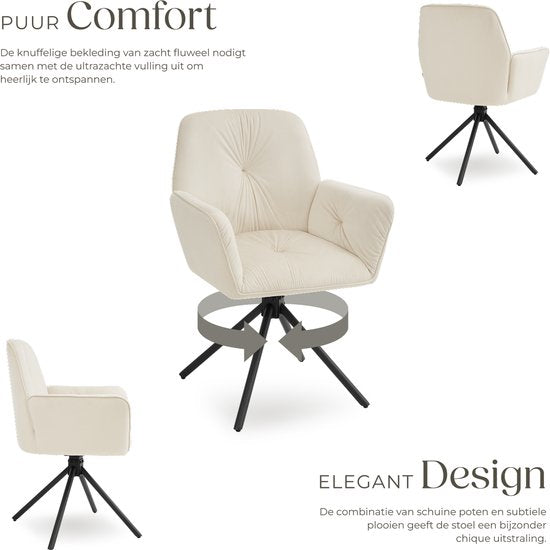 tectake® Draaifauteuil Lenia - Set van 2 Draaifauteuils met Armleuning - Draaibare Eetkamerstoel - Draaibare Fauteuils - Gestoffeerd - Fluweellook Crème/Zwart