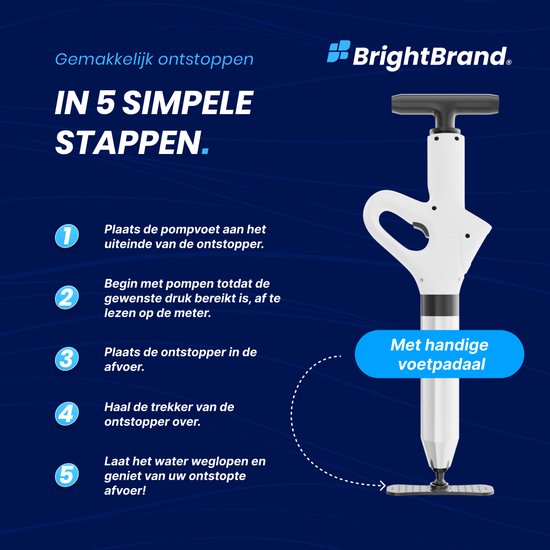 Brightbrand PressurePro Afvoer ontstopper – Toilet Ontstopper – Hogedruk Ontstopper – Wasbak Ontstopper - Inclusief Opzetstukken voor Diverse gootstenen – Ontstoppingsveer – Plopper - Drain