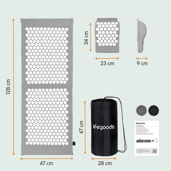 LifeGoods Acupressuur Mat XL - met Kussen - Shakti mat - Spijkermat Incl. 2x Triggerpoint Bal - 128x48x2cm - Grijs/Wit