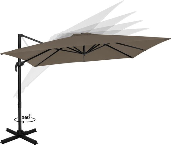 VONROC Premium Zweefparasol Pisogne 300x300cm – Incl. kruisvoet & beschermhoes – Vierkante parasol – 360 ° Draaibaar - Kantelbaar – UV werend doek - Taupe