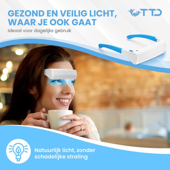TTD® Lichttherapiebril met Wit & Blauw Licht - Verbetert Stemming, Focus, Energieniveau en Slaap - Daglichtbril - Daglichtlamp - Met Ingebouwde Timer - Oplaadbare Batterij - 100% UV-Vrij - Met Luxe Travel Case