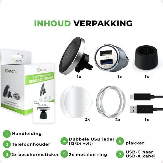 iSetchi Telefoonhouder Auto Met Draadloze Oplader (15W Snellader Zilver) - Autolader inclusief 12V Quick Charge Oplader - Magnetisch