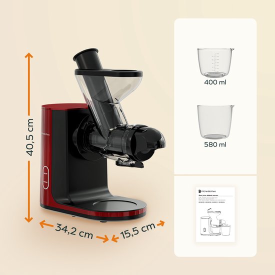 KitchenBrothers Slowjuicer - Juicer - Groenten en Fruitpers - 43 mm en 60 mm invoer - 400 ml - Rood