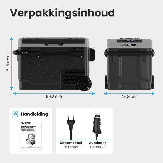 Auronic Compressor Koelbox – Dual Zone, 49L, 12V/24V, Met Wielen – 69,2 x 45,3 x 51,5 cm – Grijs