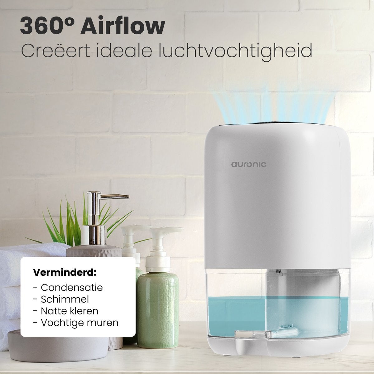 Auronic Luchtontvochtiger – 450 ml/dag – 1000 ml Reservoir – Tot 20 m² – 25,6 x 15 x 15 cm – Wit