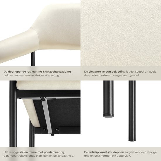 tectake® Eetkamerstoel met armleuning - Fluweelzachte stof - Gestoffeerd met stalen poten - set - div kleuren - Set van 2 stoelen - Offwhite met zwarte poten