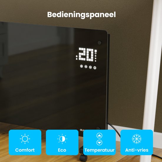 Auronic Elektrische Kachel – Met Thermostaat en Afstandsbediening - Glazen Paneel- 2500W Heater - Zwart
