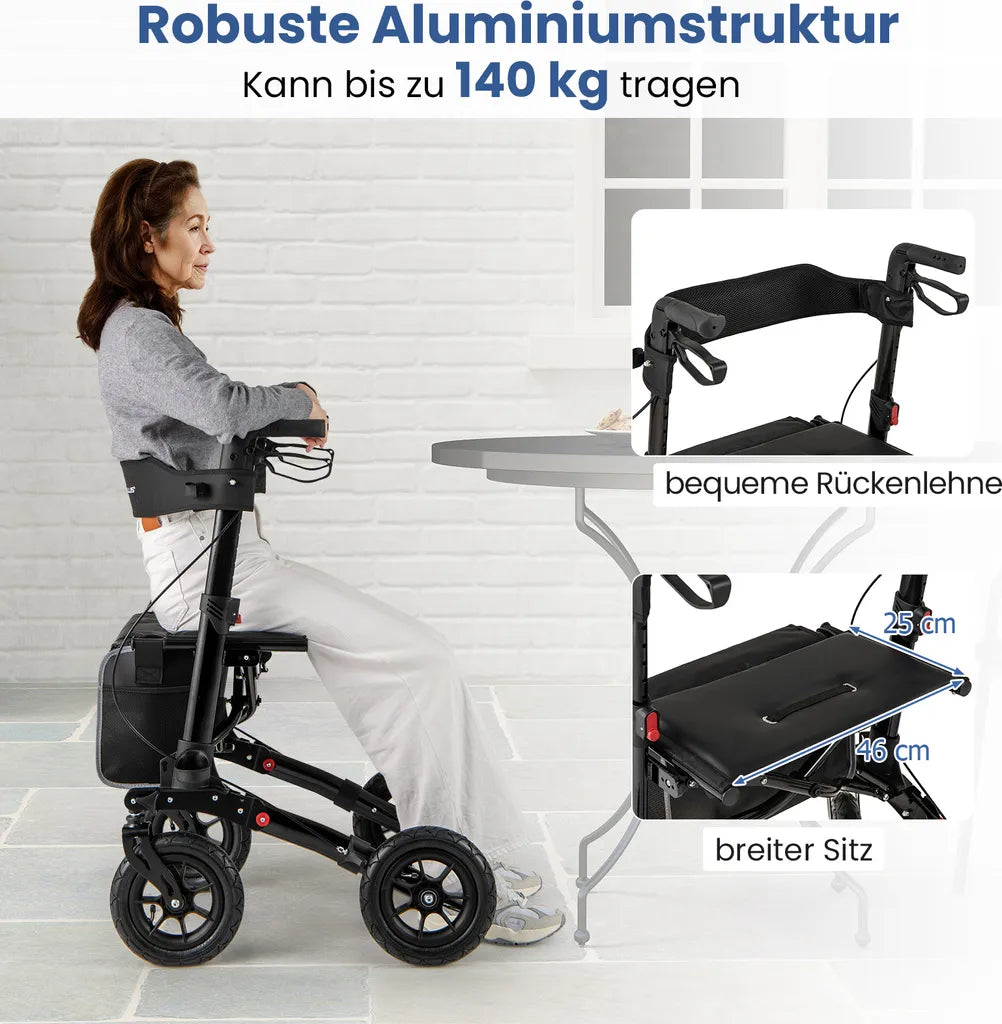 Coast Opvouwbare Rollator Zwart – 2-in-1 Reisrollator met Zitje en Luchtbanden – 62 x 82 x 81,5-97 cm
