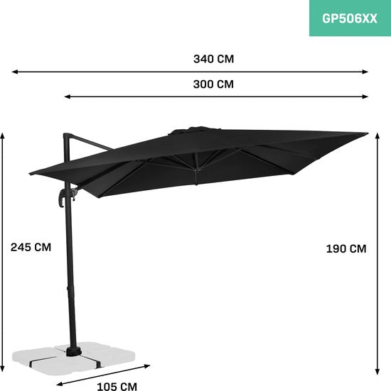VONROC Premium Zweefparasol Pisogne 300x300cm – Incl. kruisvoet & beschermhoes – Vierkante parasol – 360 ° Draaibaar - Kantelbaar – UV werend doek - Zwart