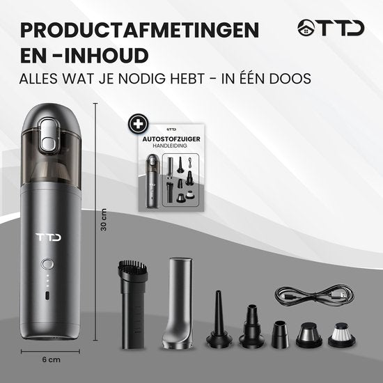 TTD® Premium Auto Stofzuiger Draadloos en Oplaadbaar - 17.000 Pa - Kruimeldief Snoerloos - Handstofzuiger - Blazen & Zuigen - Hittebestending - Compact design - Met HEPA-filter