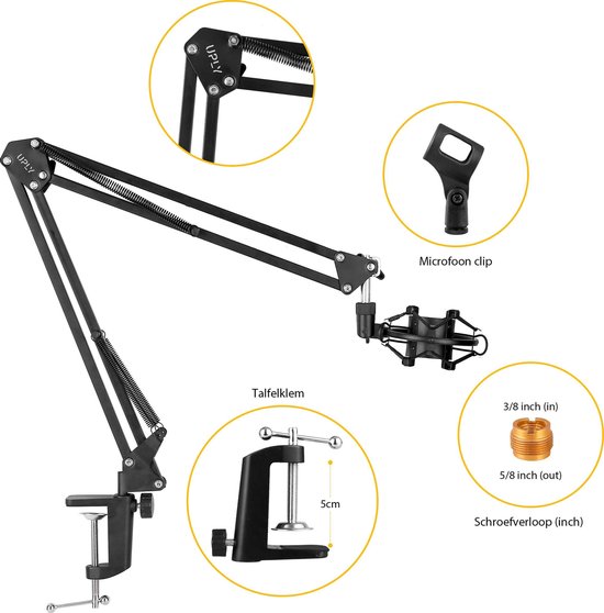 UPLY Microfoon Arm - Inclusief Popfilter en Shockmount - Zonder Microfoon - Boom Arm - Mic Stand - Statief - Opvouwbaar - 360 Graden - Zwart