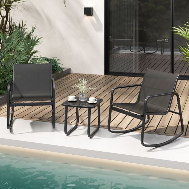 Coast 3-Delige Schommelset Balkonset met 2 Stoelen - 72x61x80 cm - Tafel - 44x44x40 cm – Zwart – Tuinmeubelset met Zachte Schommelbeweging
