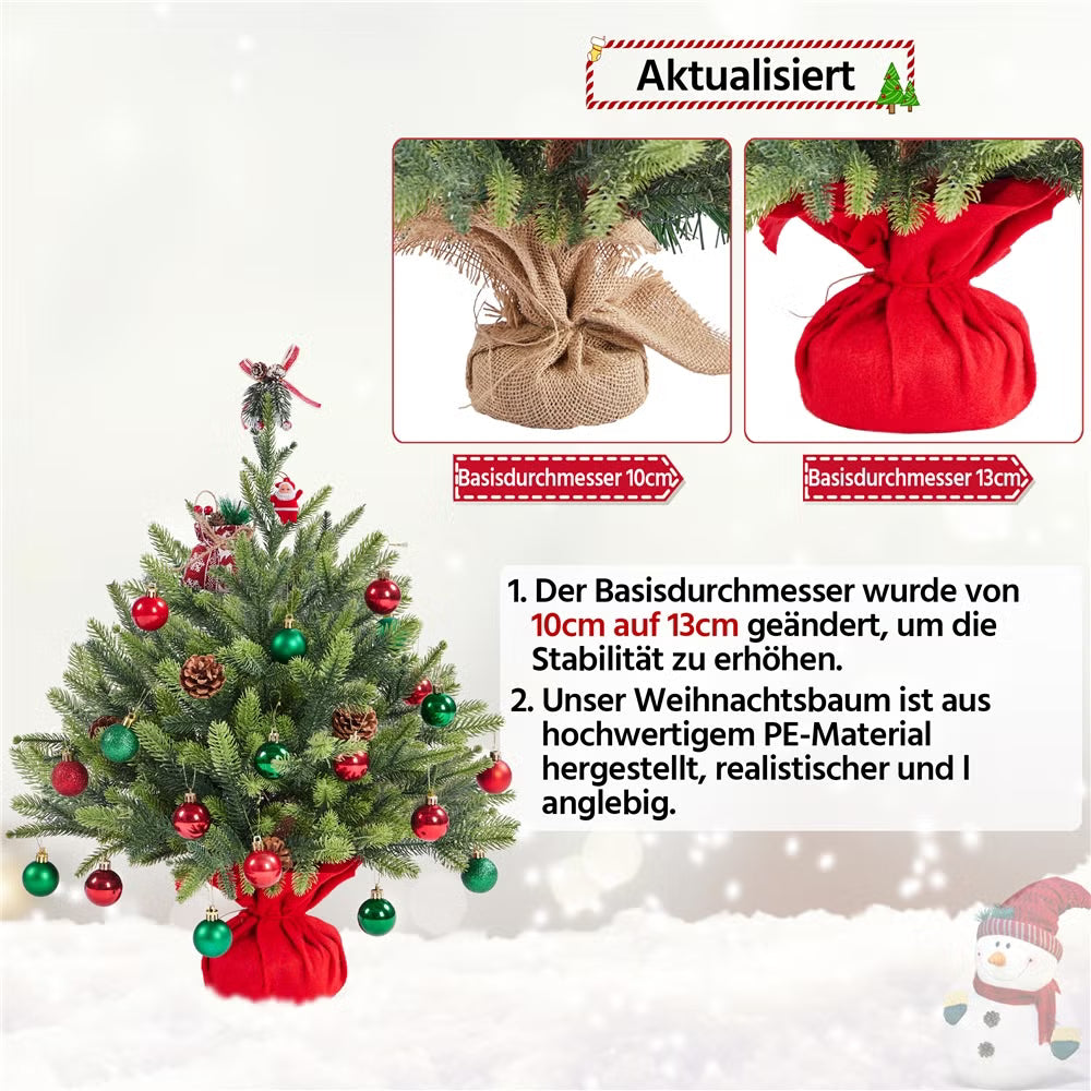 Yaheetech Kunstkerstboom Mini – 61 cm – Voorzien Van 62 Takken En Zware Betonnen Voet En Decoratieve Rode Stoffen Hoes – Voor Tafel En Vensterbank – Groen Polyethyleen En Metaal – 58 x 58 x 61 cm