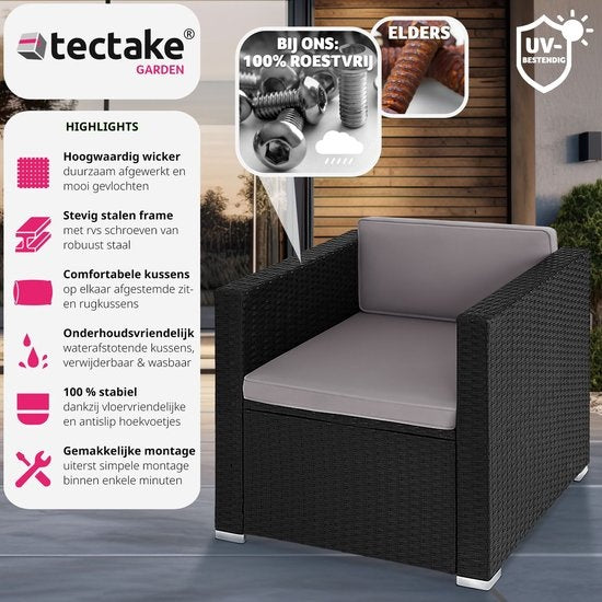 tectake® comfortabele wicker fauteuil met armleuningen, tuinmeubelen voor balkon, tuin, lounge, 70 x 69 x 65 cm, waterafstotende en wasbare hoezen, inclusief zit- en rugkussens - zwart - poly-rattan