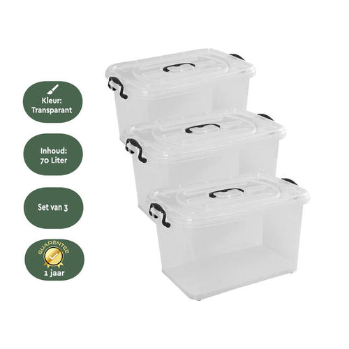 BRASQ Opbergbox Set van 3 – 70 Liter – 62,5x45x38,5 cm – Transparant met Zwarte Handvatten en Wieltjes