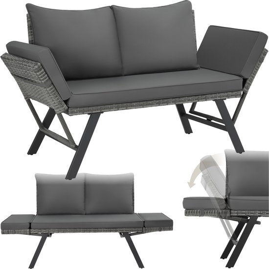 tectake® 2-in-1 Wicker Tuinbank Sintra - Verstelbare Leuningen - Tuinset - Ligbed - Balkon Loungebank - Incl. Kussens - Outdoor Loungesofa - UV- en Weerbestendig Zonnebed - Grijs