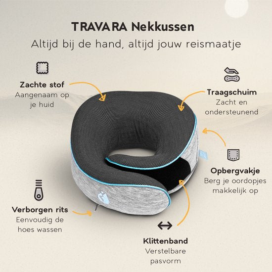 TRAVARA Nekkussen - Reiskussen - Voor Vliegtuig - Auto - Traagschuim - Memory Foam - Met Oordoppen - Grijs