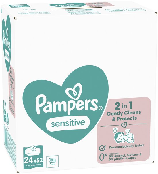 Pampers Sensitive Billendoekjes - 2-in-1: Reinigen Zacht & Beschermen - 0% Plastic In De Doekjes - 24 Verpakkingen van 52 Doekjes = 1248 Babydoekjes