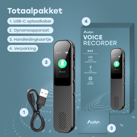 Audyn Voice Recorder Digitaal - 400 Uur Audio Opname - Afluisterapparatuur op Afstand - Dictafoon - 360° HD Opnames - Zwart