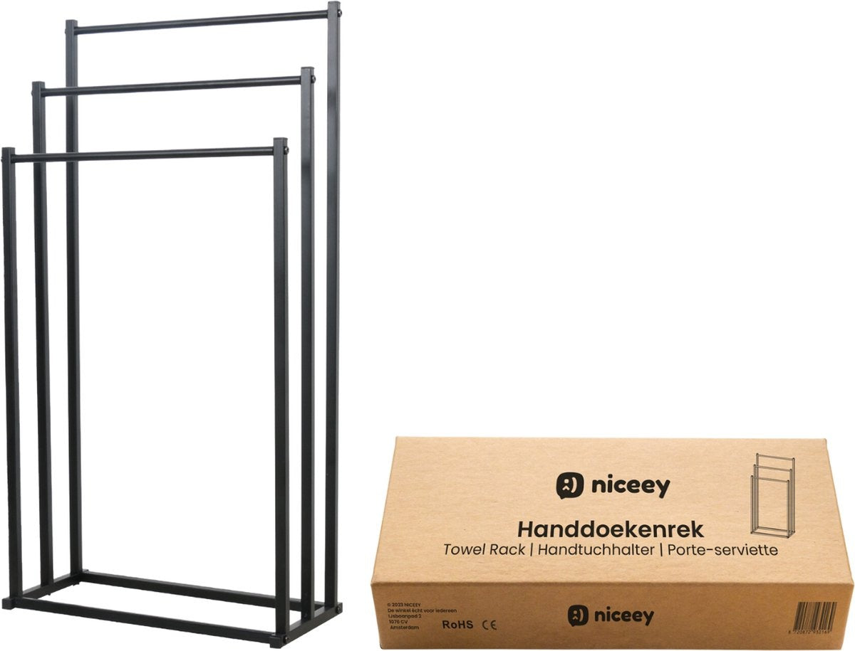 Niceey Handdoekrek - 3 Armen - Handdoekstang - Handdoekenrek Badkamer - Handdoekhouder Vrijstaand - Metaal - Anti-Kras Viltjes - Zwart
