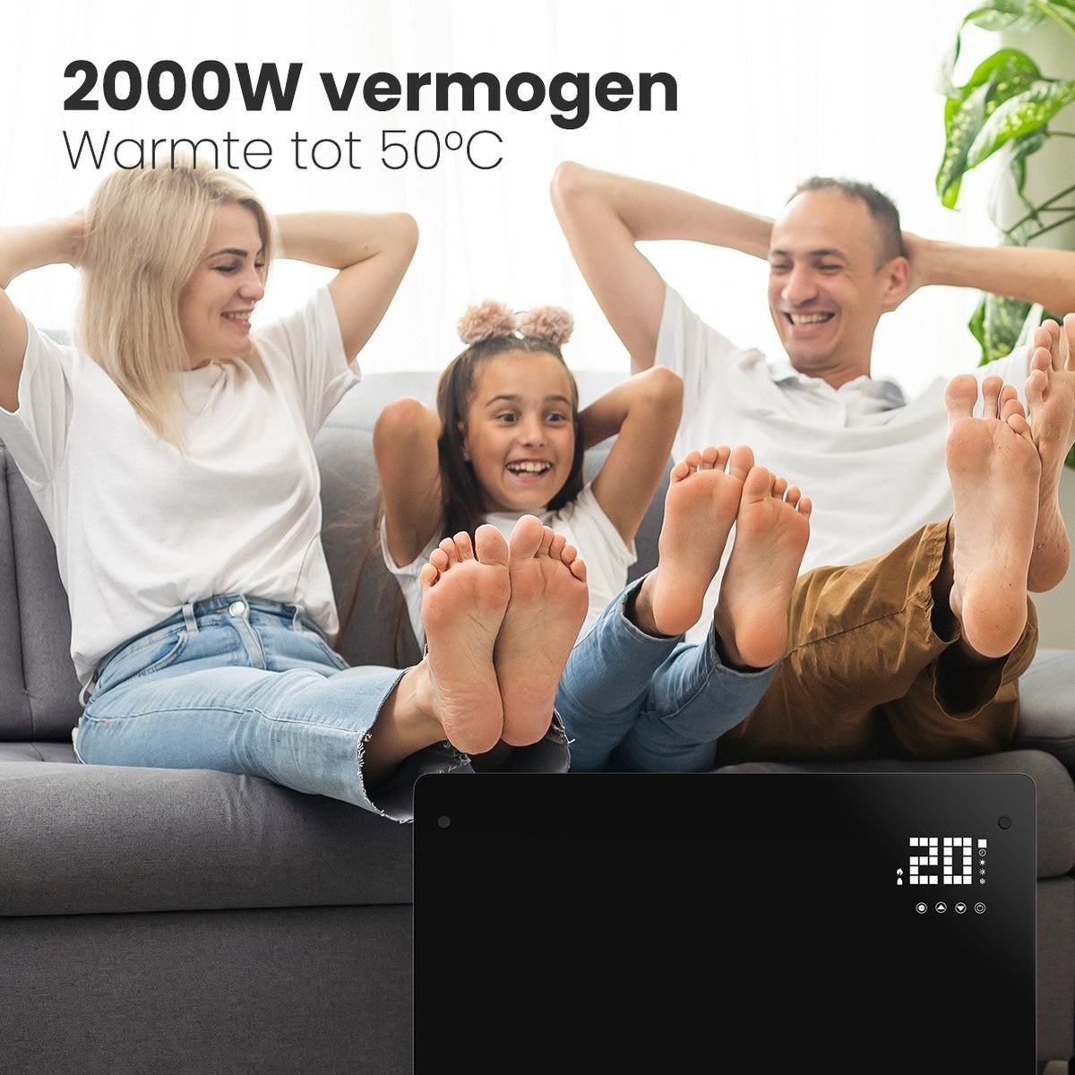 Auronic Elektrische Kachel – Convectorkachel met Thermostaat en Afstandsbediening - Paneelverwarming - tot 22 m2 - 2000W Heater - Zwart