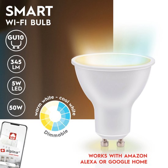 Alpina Smart Home LED Lamp – GU10 – 5W – 470lm – Warm & Koud Wit – Dimbaar – App & Voice Control – Werkt met Alexa & Google Home