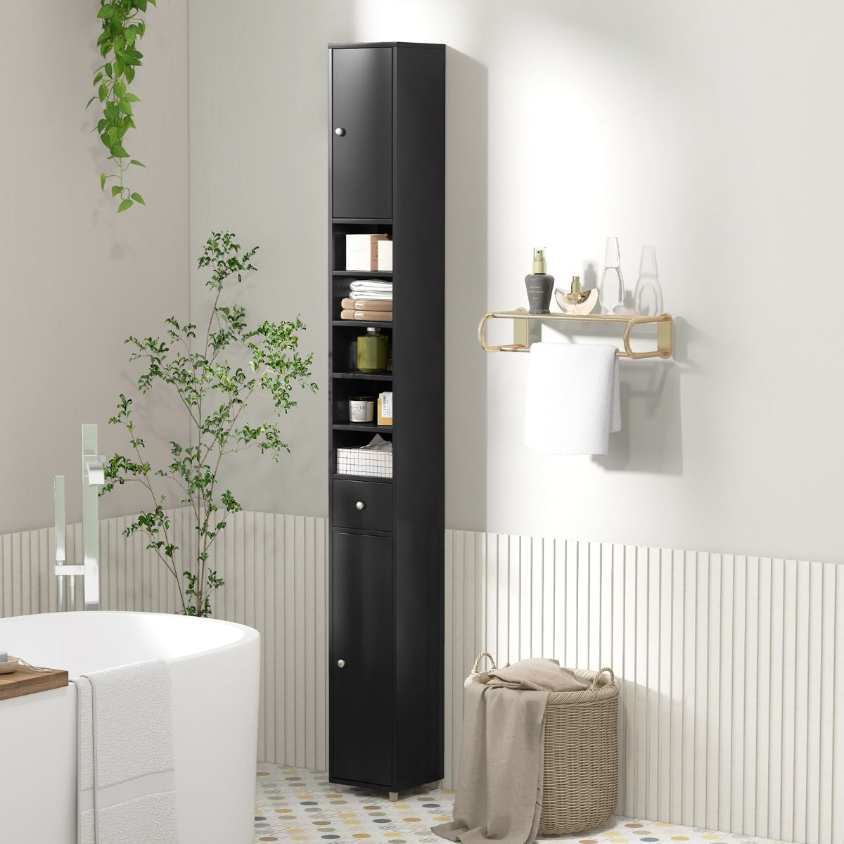 Coast Hoge Badkamerkast - 5 Verstelbare Planken - MDF - 20 x 20 x 180 cm - Zwart