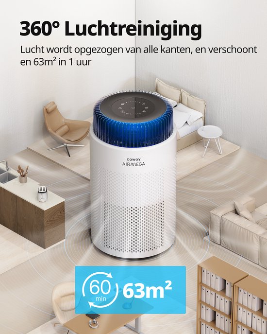 Coway Airmega 100 Luchtreiniger - Voor ruimtes tot 63m² - HEPA filter + koolstoffilter - 244 m³/u - Tegen stof, pollen en allergenen - Fluisterstil (20 dB) - ECARF gecertificeerd - Air Purifier -
