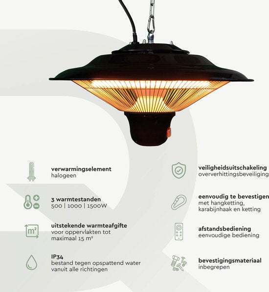 BRASQ Elektrische Terrasverwarmer Hangend PHC100 - Infrarood Heater 1500W - met Afstandsbediening - 3 warmtestanden - Voor binnen en buiten - Spatwaterdicht - Zwart