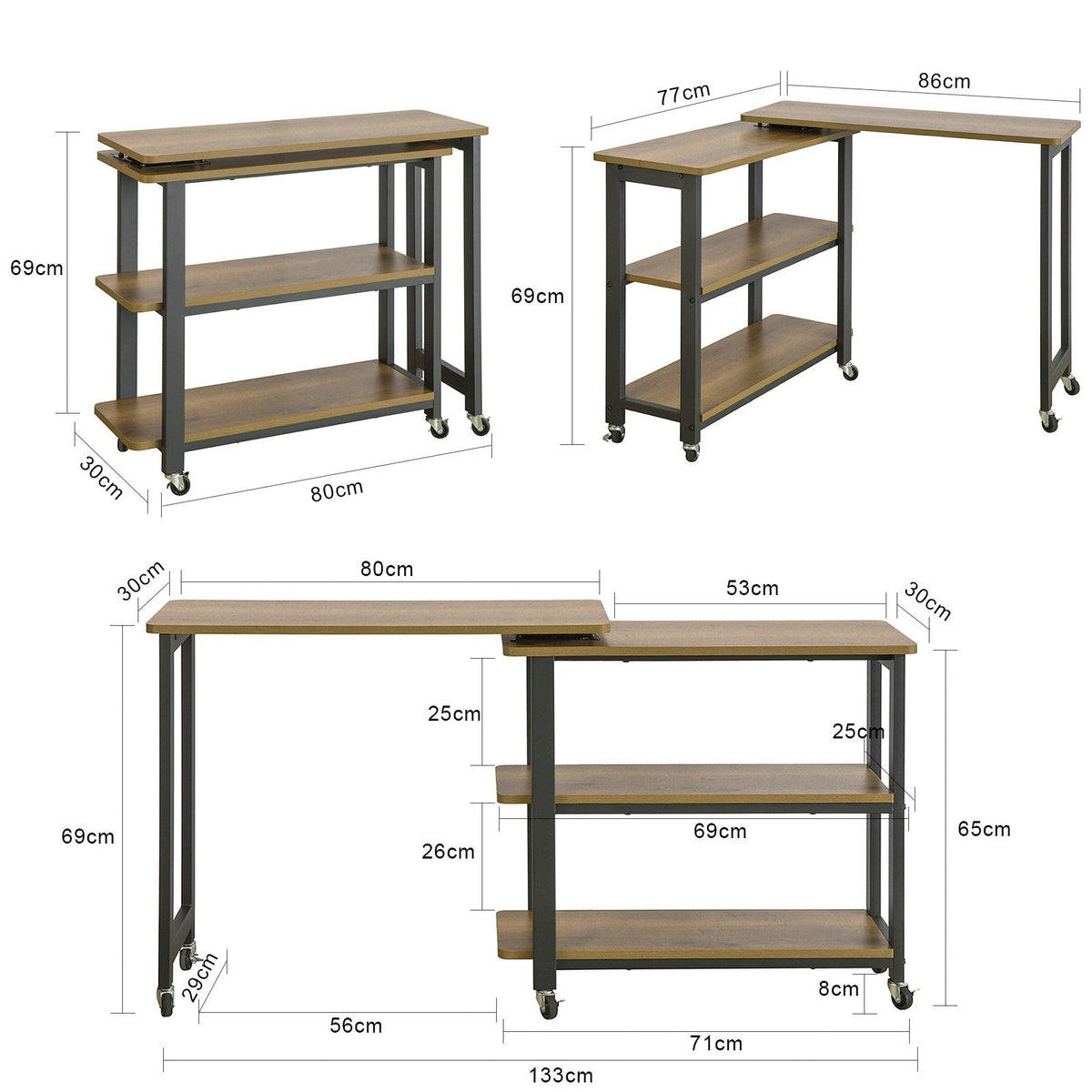 SoBuy Draaibare Bijzettafel met Wielen - 133x30x69 cm