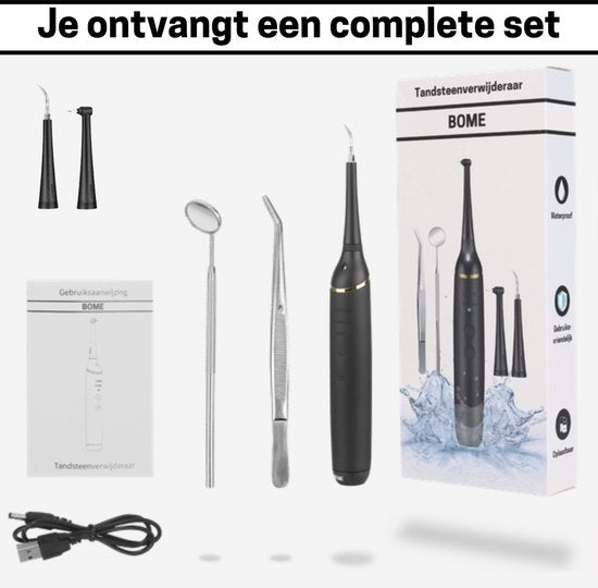 BOME Tandsteenverwijderaar – Incl. 3 Opzetstukken, Spiegeltje & Pincet – 11000 rpm – Zwart