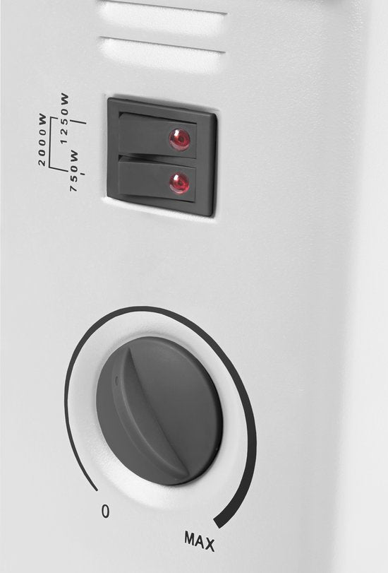 VONROC Elektrische kachel - Convectorkachel – 3 standen: 750W/1250W/2000W - Regelbare thermostaat- Verwarmt ruimtes tot 24m2 - Extra stevige behuizing – Geruisloos – Wit