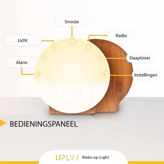 UPLY Wake Up Light - Met USB Oplaadpunt - Licht Wekker - Wekker Radio - 2 Wektijden - 7 Kleuren