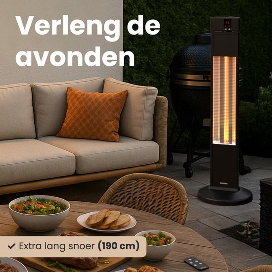 Auronic Terrasverwarmer - Infrarood Verwarming - Staand - 20m2 - Elektrisch - 2000W - Afstandsbediening - 3 Standen - Zwart