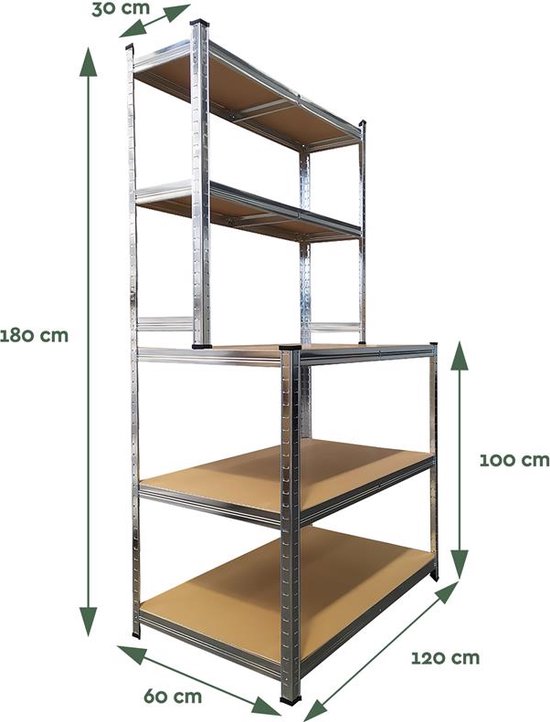 BRASQ Robuuste Werkbank RVS - Werktafel met 5 MDF-Planken - 120x60x180cm - Draagkracht Max. 550 KG