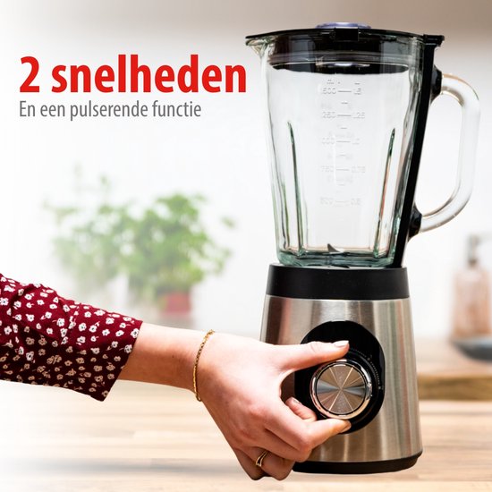 alpina Blender Smoothie 1.5L - Mixer 500W met Glazen Kan - Keukenmixer met 2 Snelheden en Pulserende Functie - Antislip Voetjes - Eenvoudig te Reinigen