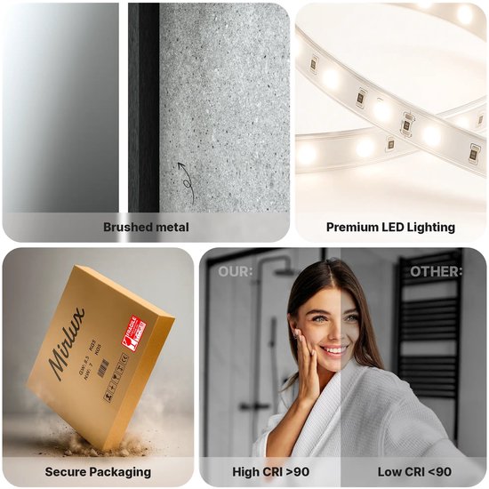 Mirlux Badkamerspiegel met LED Verlichting & Verwarming – Wandspiegel Rechthoekige – Anti Condens Douchespiegel - 120 x 60 cm - Zwart Frame