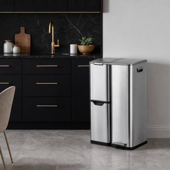 Bayt Prullenbak - Prullenbak 60 Liter - Vuilnisbak 60 Liter - Pedaalemmer 60 Liter - Prullenbak Afvalscheiding - Prullenbak 3 Vakken - Afvalbak - RVS - Zilver