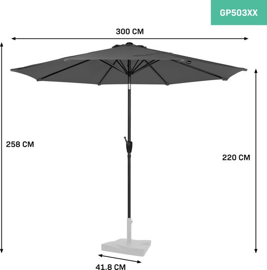 VONROC Premium Stokparasol Recanati Ø300cm – Incl. beschermhoes - Ronde parasol - Kantelbaar – UV werend doek - Grijs