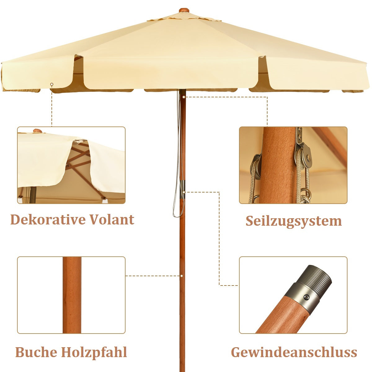 Coast tuinparasol - kantelbaar - waterdicht - met uv-bescherming - hout - 3m - beige