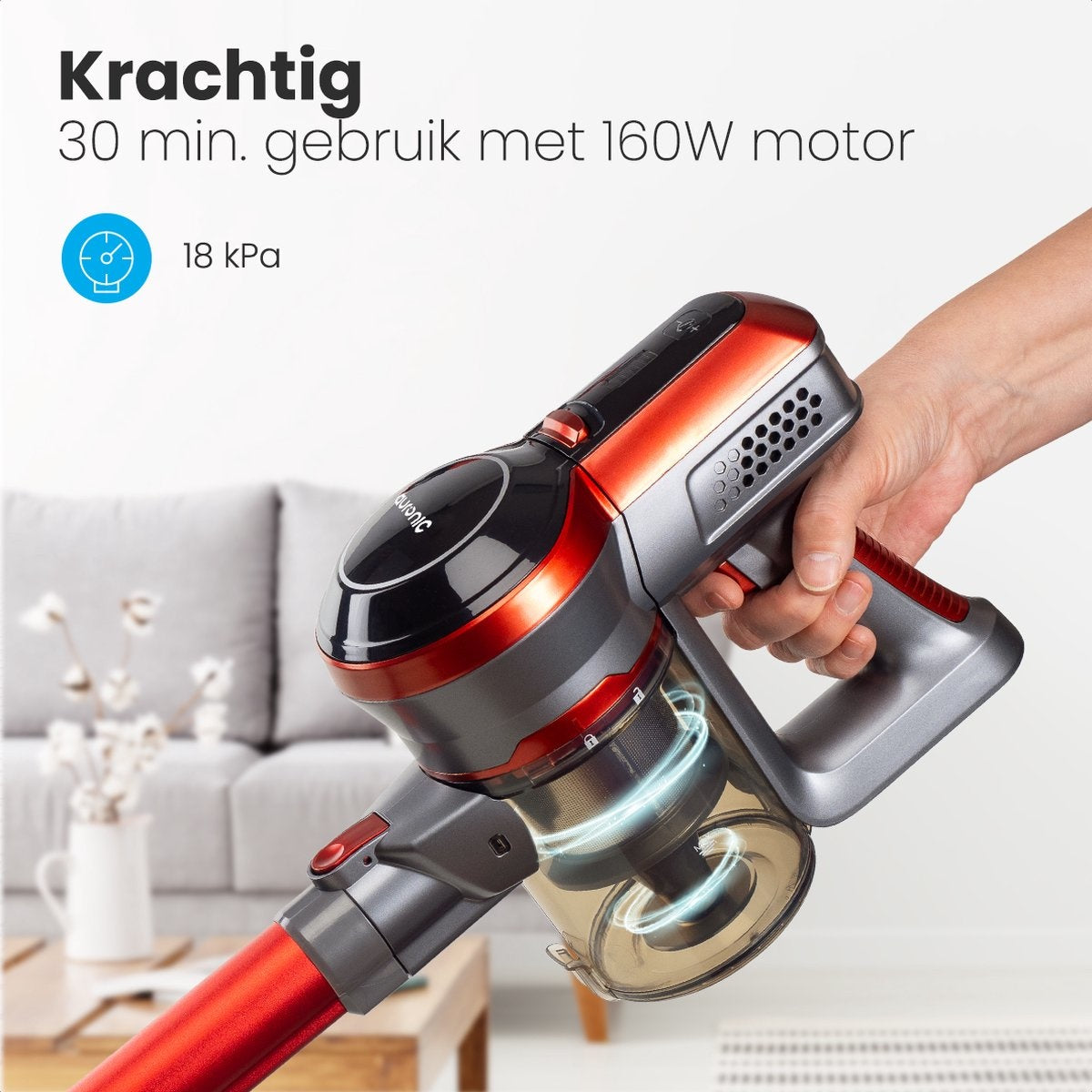 Auronic Steelstofzuiger Draadloos - Zonder Zak - Op Accu - 4-in-1 - 160W - Vacuum Cleaner - Rood/Grijs - Draadloze stofzuiger