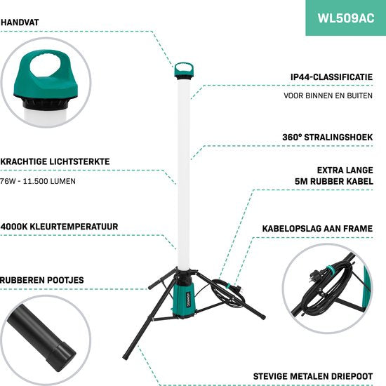VONROC PRO Bouwlamp 360° - LED - 76W - met driepoot/statief - Zeer krachtig: 11.500 lumen - hoogte: 151 cm - 5 meter kabel
