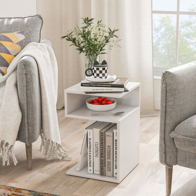 Bijzettafel 'S'-Vormige Woonkamerbank Bijzettafel met 2 Open Kluisjes Kleine Salontafel met Geometrisch Design Wit
