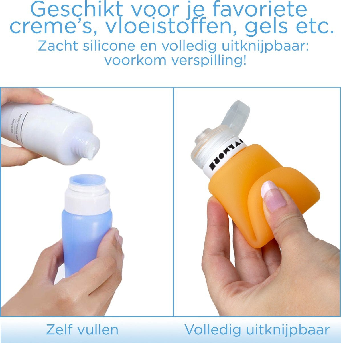 TRVLMORE Silicone Reisflesjes - Navulbaar - Handbagage - 100 ML - 3 Stuks - Oranje/Paars/Blauw