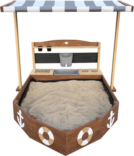 AXI Dora Boot zandbak met speelkeuken en dak (UV50) 160 x 100 cm Antraciet/bruin – Met krijtbord en opbergruimte - Inclusief gronddoek - 10 jaar garantie!