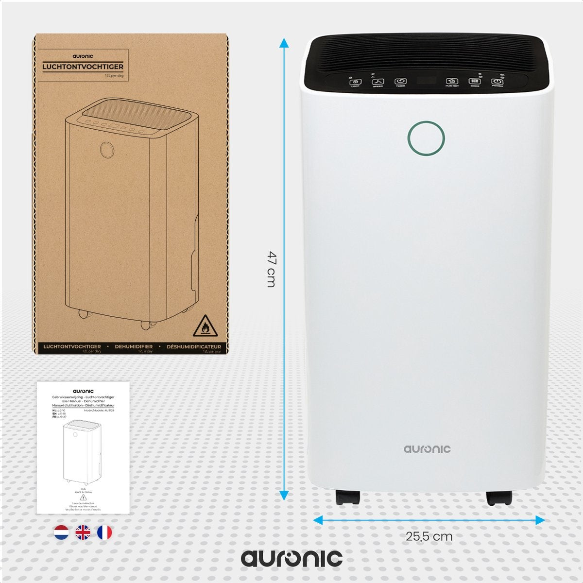 Auronic Luchtontvochtiger – 2 Liter Reservoir, 185 W, Voor Ruimtes tot 20 m² – 30,5 x 26,5 x 52 cm – Wit