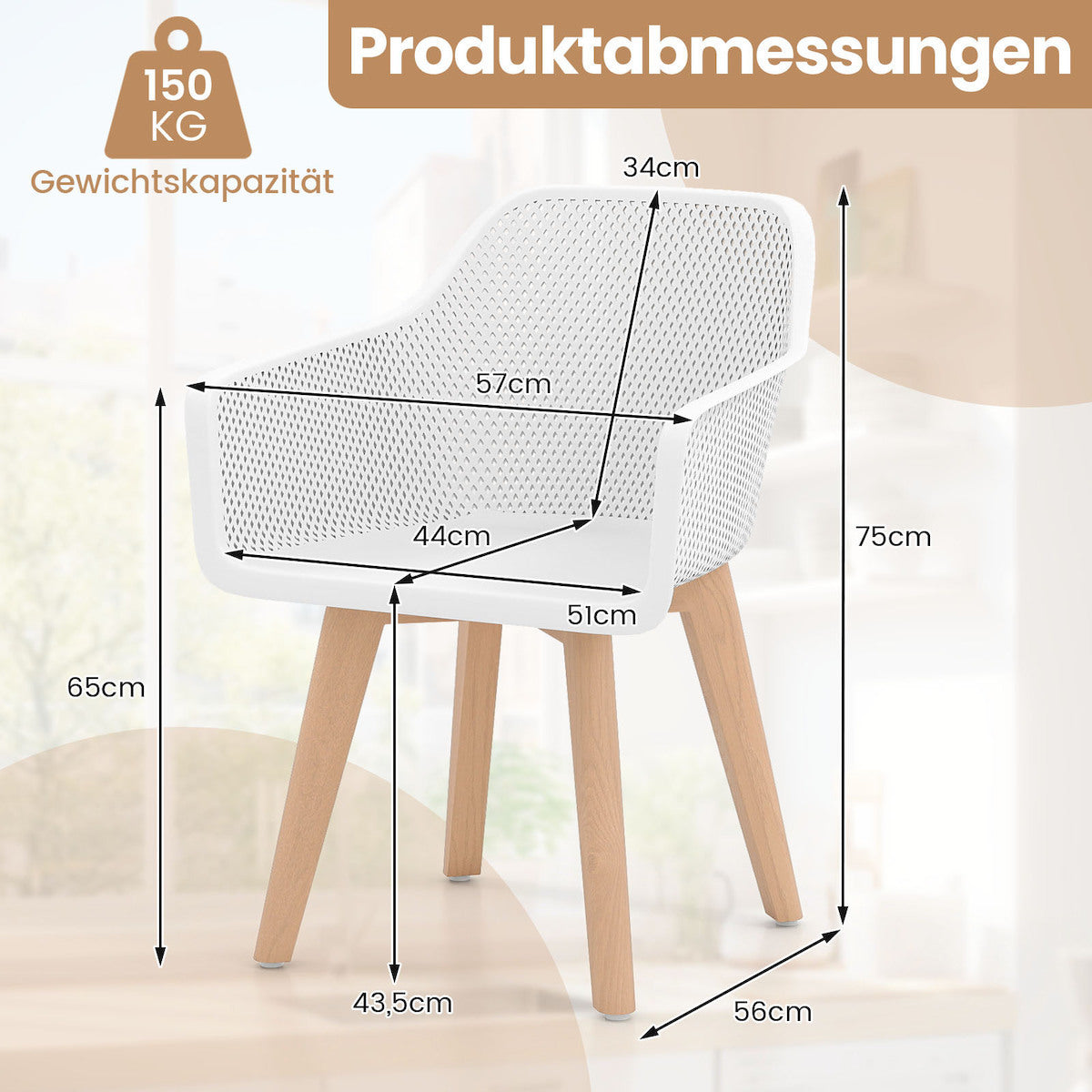 Coast Eetkamerstoelen Wit – Set van 2 – 57 x 56 x 75 cm – Met Mesh Rugleuning en Beukenhouten Poten